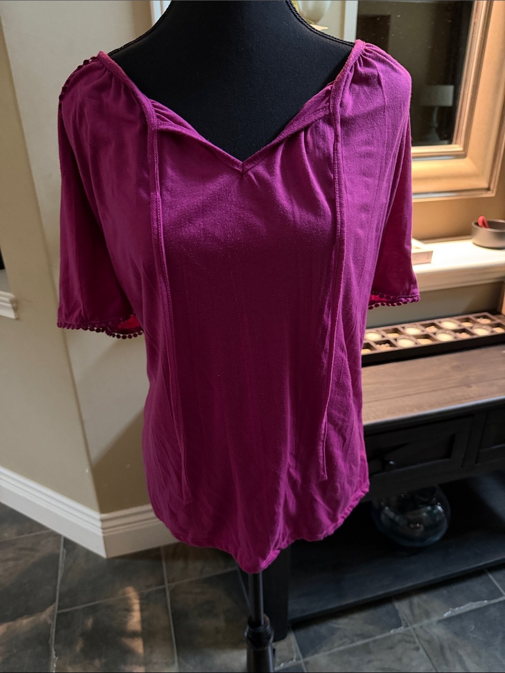 Women's Tie-Neck Short Sleeve Blouse in Magenta